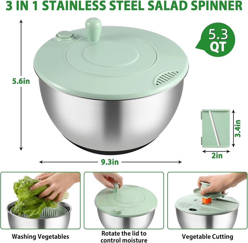 dulvus Salad Spinner Stainless Steel, 5.3-Quart Lettuce Washer Spinner for 2–3 Servings, Large Vegetable&Fruit Wash Bowl with Strainer, Includes 5-Blade Slicer — Perfect Salad Making Tool for Healthy Eaters - Image 2